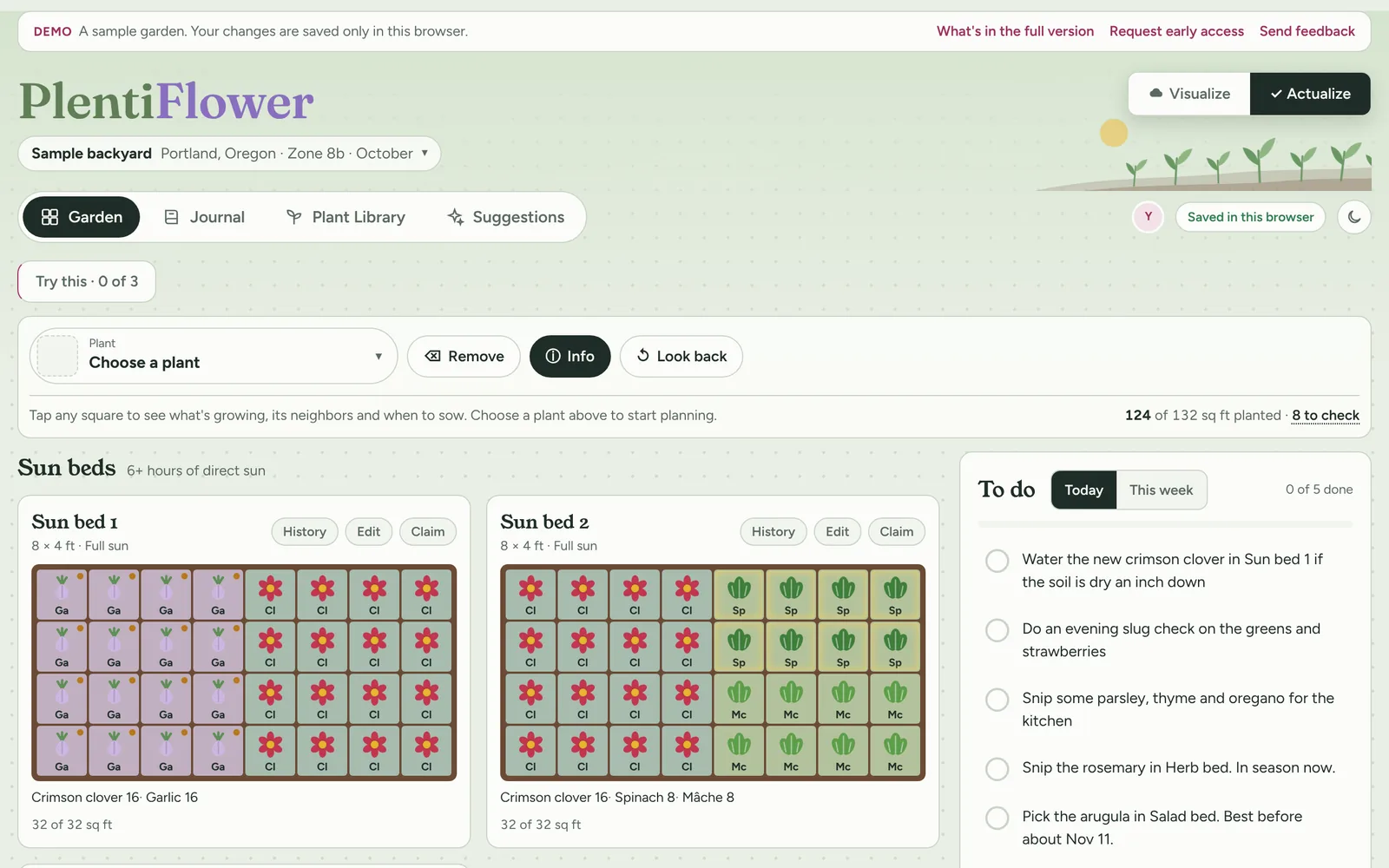 The demo in Actualize: sample raised beds and a to-do list