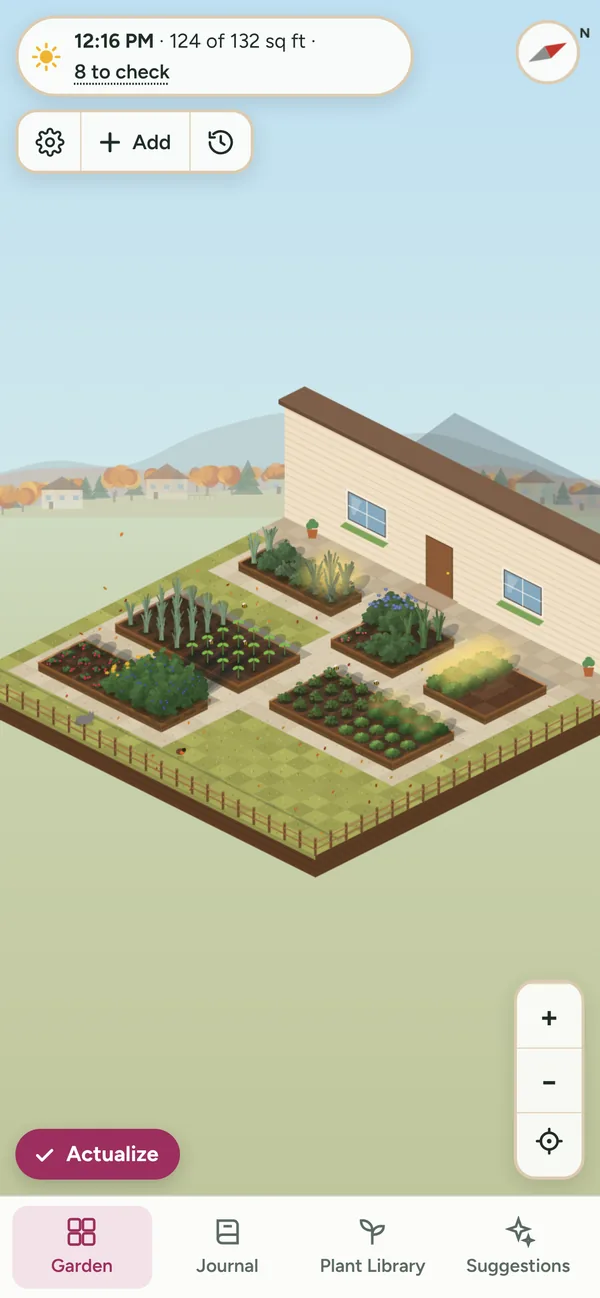 PlentiFlower Home on a phone: the illustrated garden view