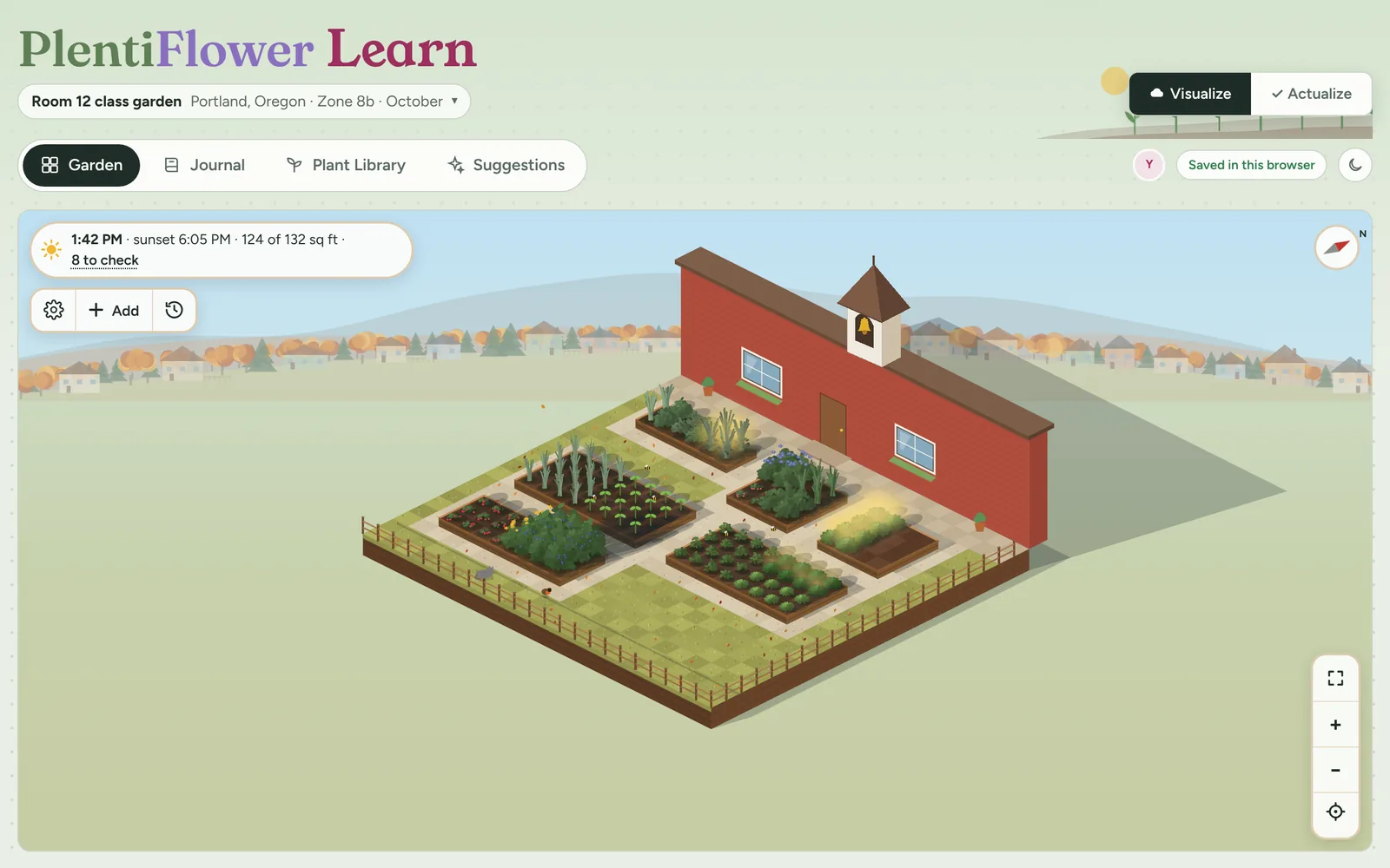 A mock-up of PlentiFlower Learn: a class garden beside a red schoolhouse with a bell tower