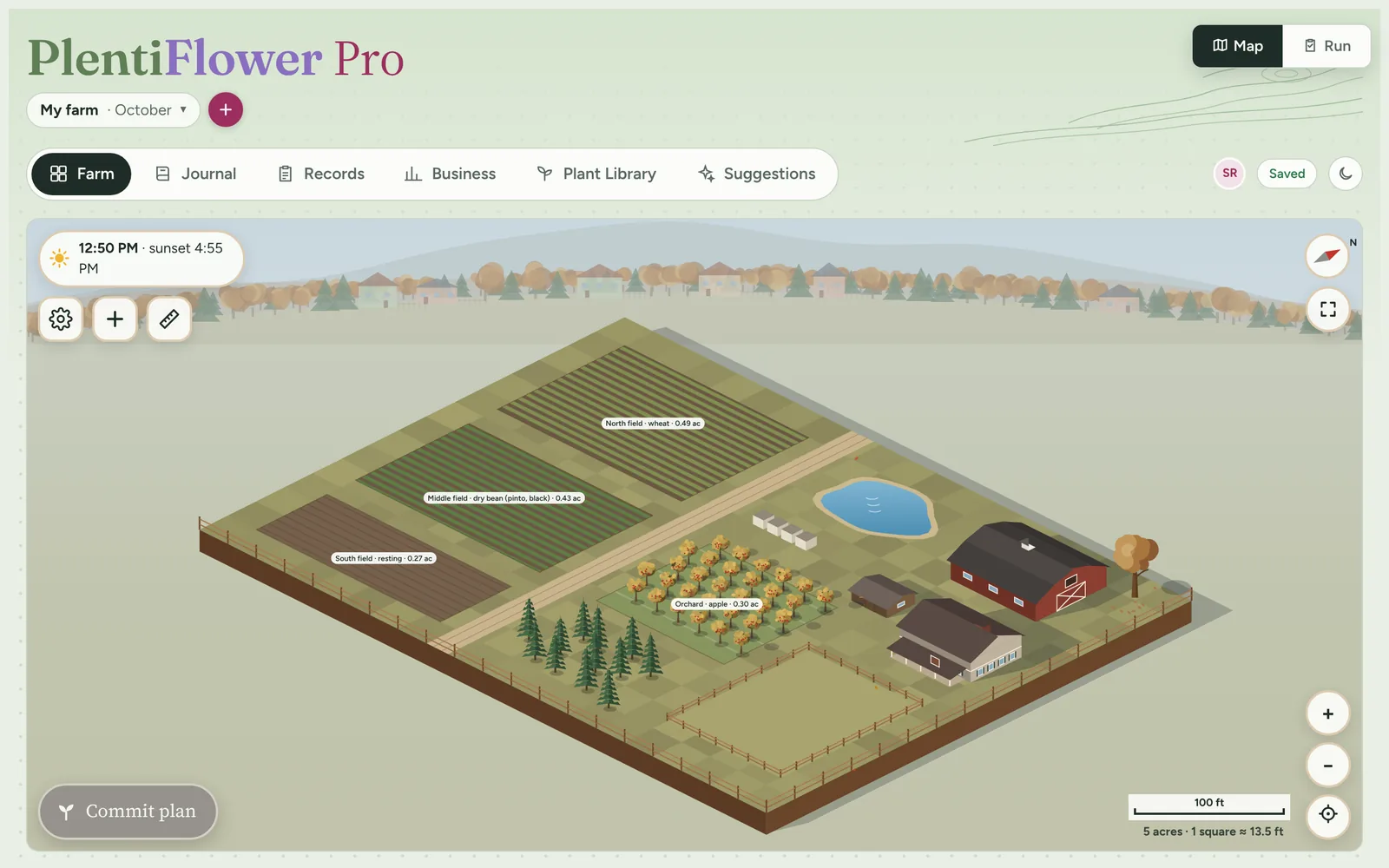 PlentiFlower Pro in development: an illustrated farm map with fields, an orchard, a pond and a barn